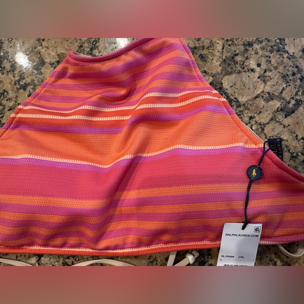 NWT Polo Ralph Lauren halter top pink and coral stripes swimming top size L
